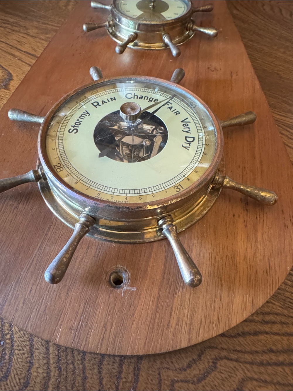 Vintage MCM Nautical Made in Germany Wall Weather Station - Wood, Brass, Steel - Picture 7 of 9